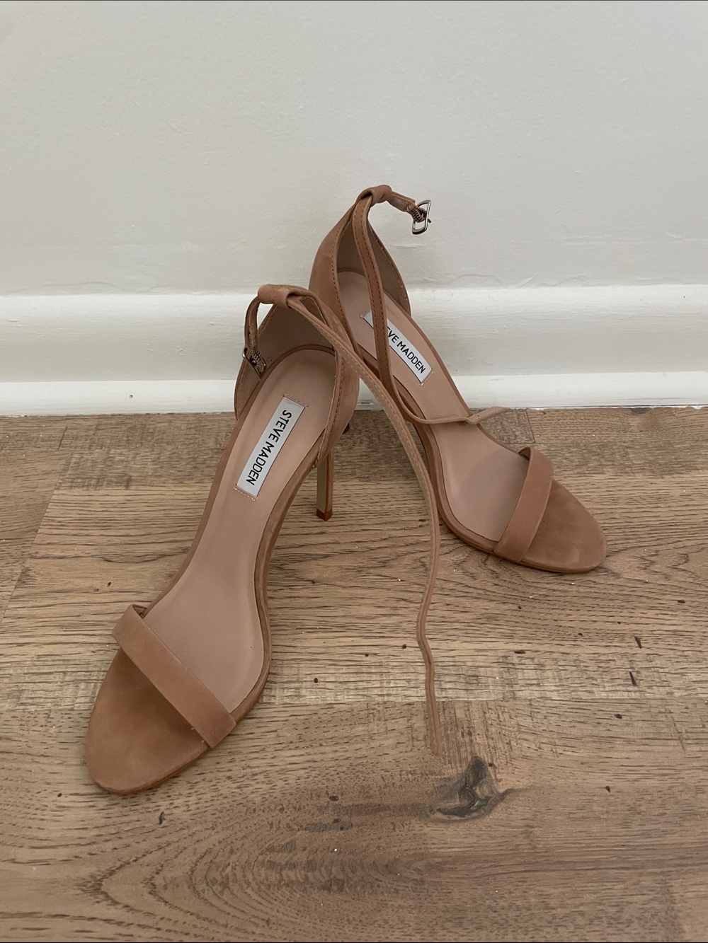 Steve Madden Tan Suede Ankle-Tie Stiletto Sandals